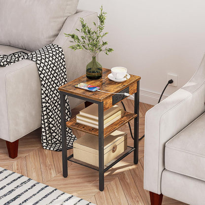 Side Table with Charging Station and USB Port, Small End Table for Small Space, 3-Tier Nightstand with Adjustable Shelf, for Living Room, Bedroom and Balcony, Rustic Brown BF112BZ01