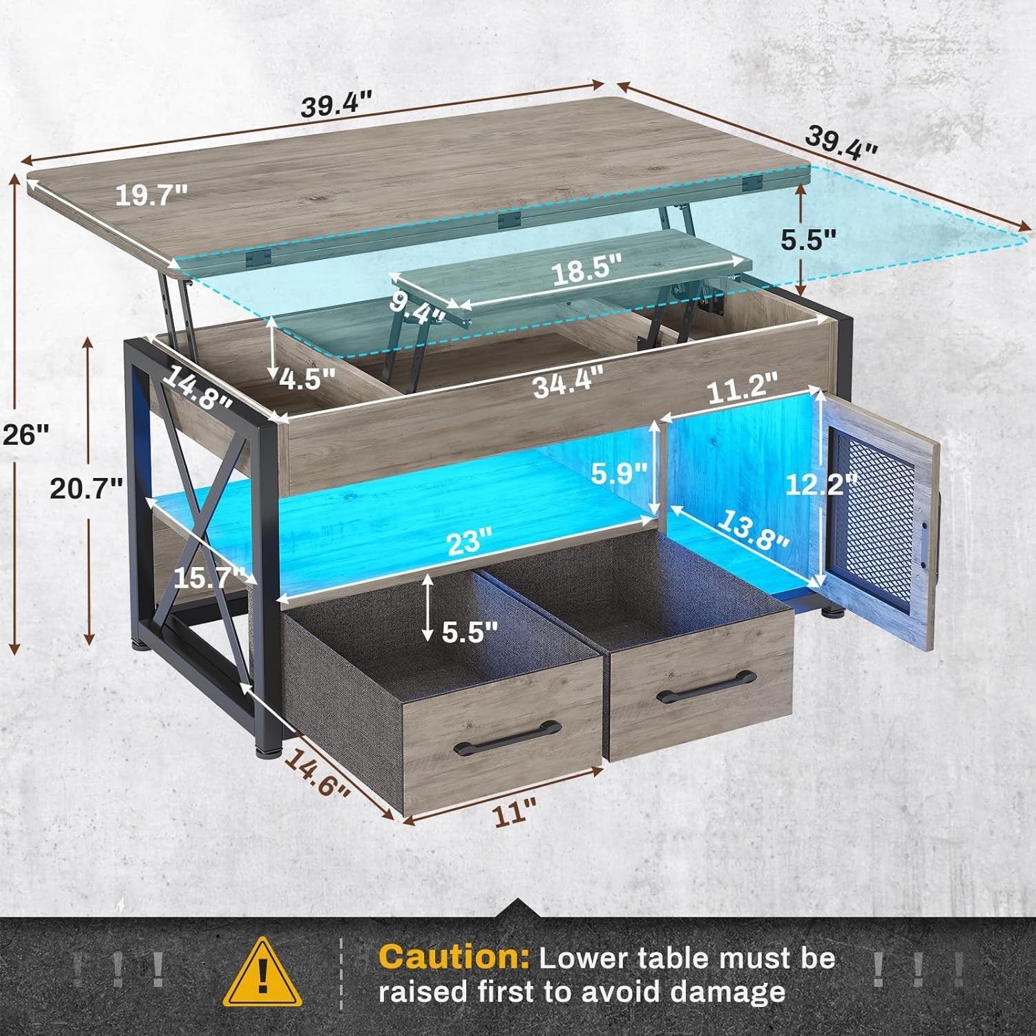 40" Lift Top Coffee Table, 4 in 1 Coffee Tables with Storage Cabinet for Living Room, Small Farmhouse Coffee Table with 2 Fabric Drawers & LED Light for Dining Room, Grey