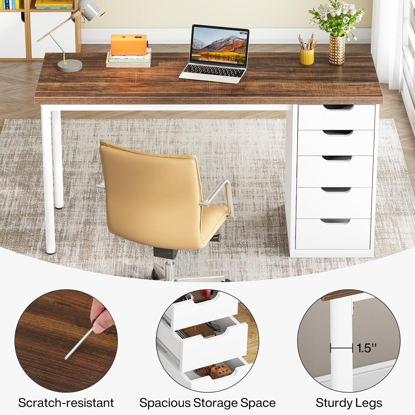 Computer Desk with 5 Drawers, 47 Inches Rustic Brown Home Office Desk with Storage, Modern Simple Laptop Desk Study Writing Table for Small Spaces (Reversible Drawer Cabinet)