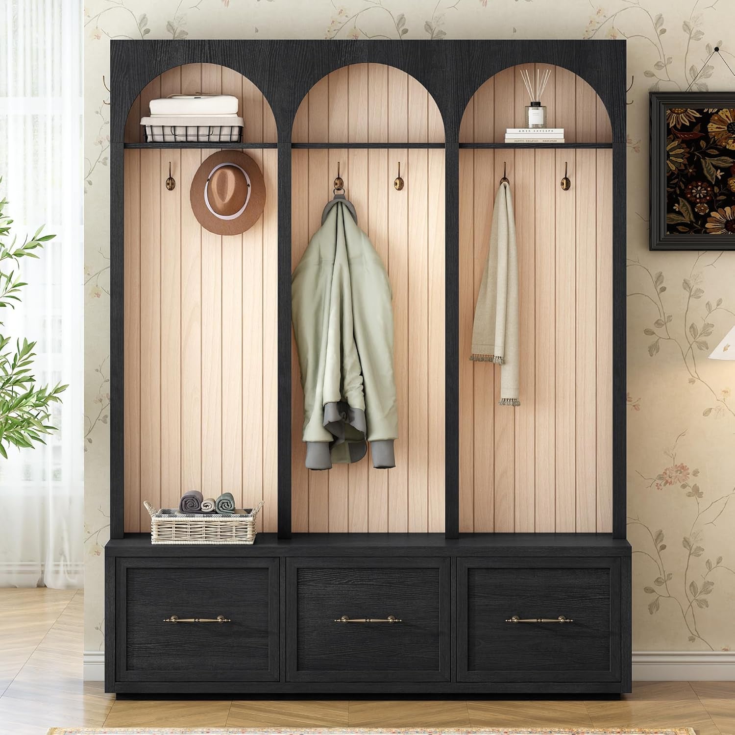 59" Wide Rustic Coat Rack & Shoe Organizer, Farmhouse Hall Tree with Arched Design,Entryway Bench with 3 Drawers, 8 Retro Hooks for Mudroom, Living Room, Black, 74.8" H