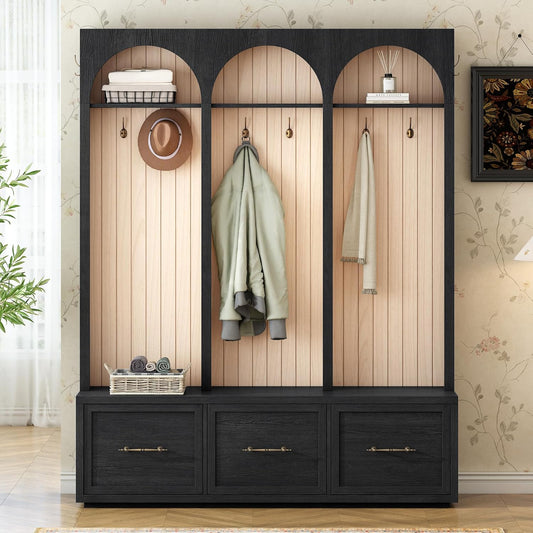 59" Wide Rustic Coat Rack & Shoe Organizer, Farmhouse Hall Tree with Arched Design,Entryway Bench with 3 Drawers, 8 Retro Hooks for Mudroom, Living Room, Black, 74.8" H