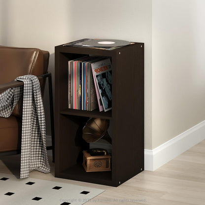 Cubicle Record Player Stand with Vinyl Storage, 2-Cube 1.2 Extra Thick Vinyl Record Storage, Open Back Media Shelf for CD DVD Blueray Game Disc, for Living Room, Home Office, Black Dark Oak