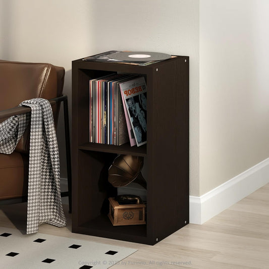 Cubicle Record Player Stand with Vinyl Storage, 2-Cube 1.2 Extra Thick Vinyl Record Storage, Open Back Media Shelf for CD DVD Blueray Game Disc, for Living Room, Home Office, Black Dark Oak