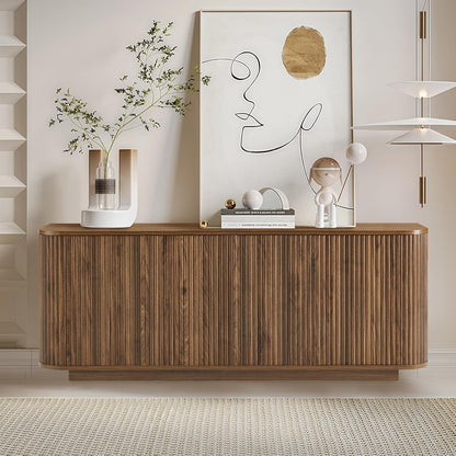 64" Buffet Sideboard Cabinet with Storage, Modern Fluted Accent Credenza with Adjustable Shelves, Wood Coffee Bar Console Table for Living Room Kitchen Dining Room Hallway, 24" H, Walnut