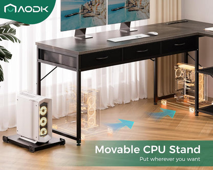 61 Inch L Shaped Computer Desk with Drawers, Corner Desk with Power Outlets & Reversible Storage Shelves, Movable CPU Stand for Home Office Gaming, Black