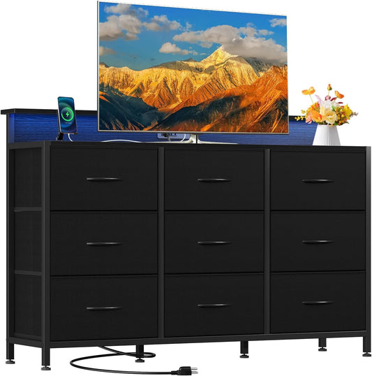 TV Stand Dresser with 9 Fabric Drawers & Open Shelves, Entertainment Center with LED Lights & Charging Station for Bedroom, Wood Top Media Console for 32-52 Inch TV Stand with Storage, Black