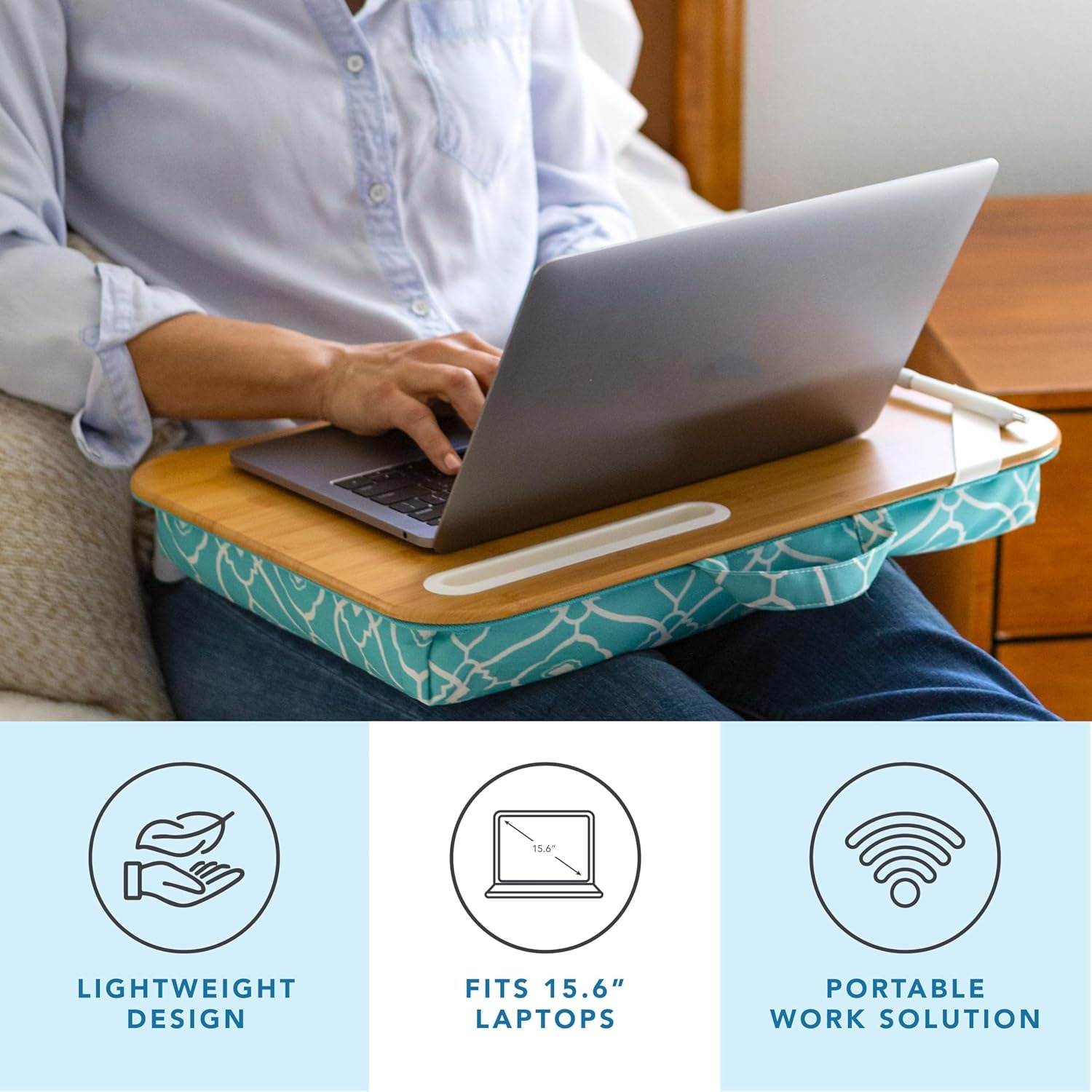 Designer Lap Desk with Phone Holder and Device Ledge - Aqua Trellis - Fits up to 15.6 Inch Laptops - Style No. 45422