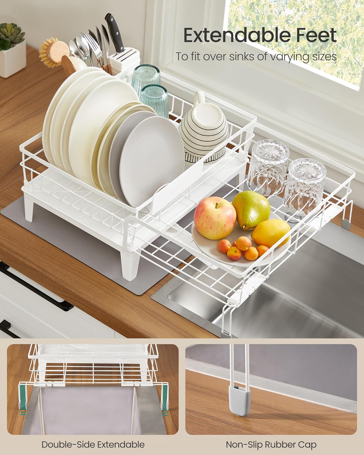 Dish Drying Rack, Kitchen Dish Rack, with Drainboard, 360° Rotatable and Extendable Spout, with Cutlery Holder, 12.2-22 X 16.5 X 7.9 Inches, Matte White and Dove Gray UKCS552W01