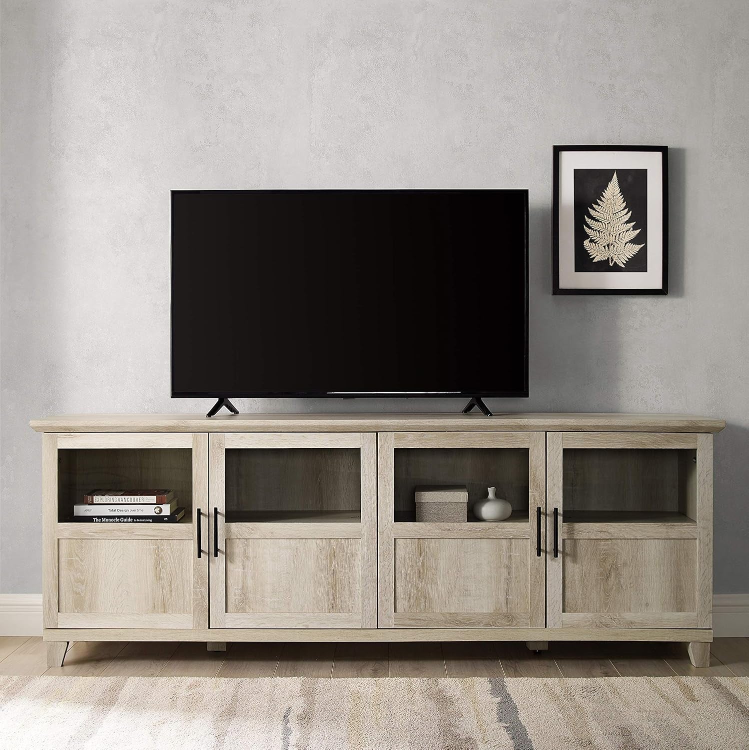 Farmhouse Glass and Wood TV Stand for Tv'S up to 80" Universal TV Stand for Flat Screen Living Room Storage Cabinets and Shelves Entertainment Center, 70 Inch, White Oak