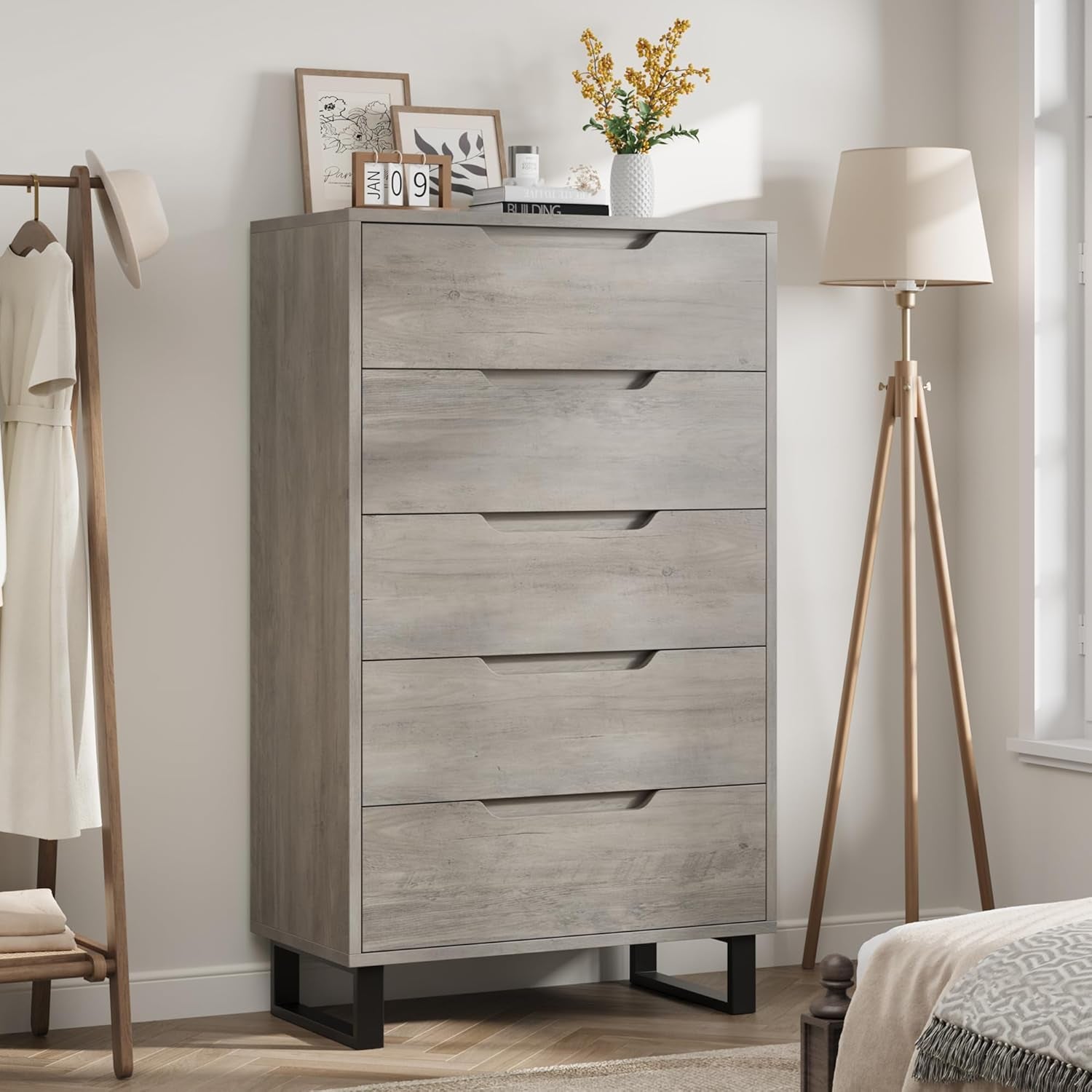 5 Dresser for Bedroom, 50.5" Tall Dresser, Freestanding Vertical Drawer with Storage, Wooden Closet Chest Storage for Living Room, Hallway, Entryway, Ash Grey