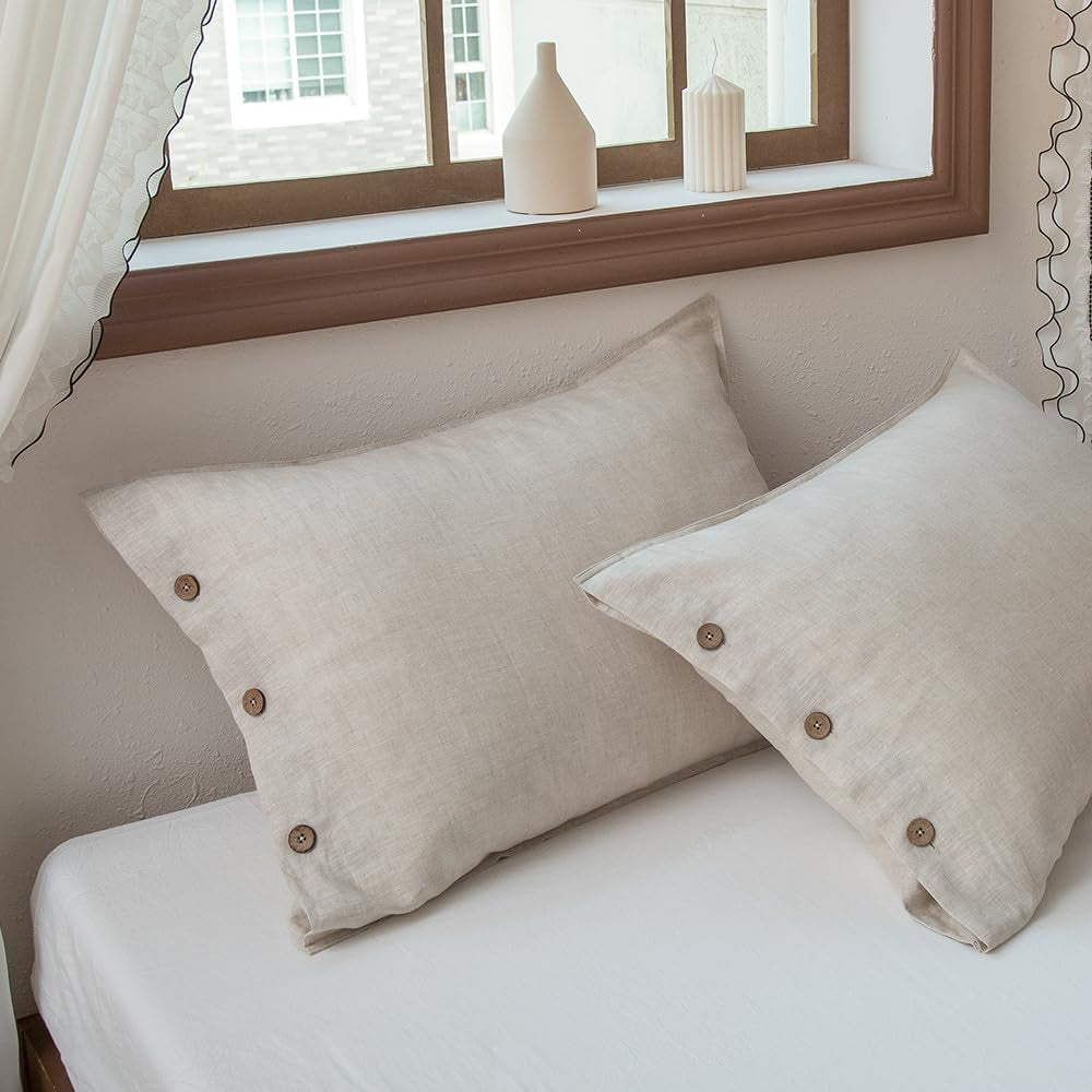 100% Linen Pillowcases Set of 2, French Linen from Normandy, 20X36Inch Standard Size, Natural Color, Coconut Buttons Closure, Flax Pillowshams-Pillowcase-Linen