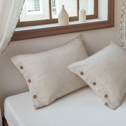 100% Linen Pillowcases Set of 2, French Linen from Normandy, 20X36Inch Standard Size, Natural Color, Coconut Buttons Closure, Flax Pillowshams-Pillowcase-Linen