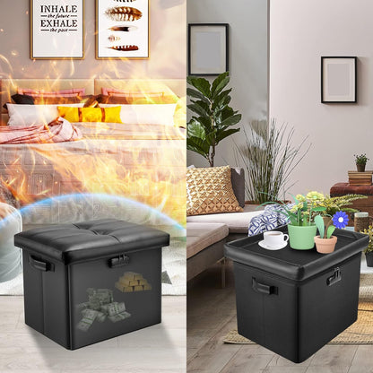 Storage Ottoman with Lock,Fireproof Folding Ottoman Foot Rest Stool Storage Chest with Storage Safe for Important Documents,Waterproof 17 Inches Short Ottoman Foot Stool with Handles,Black