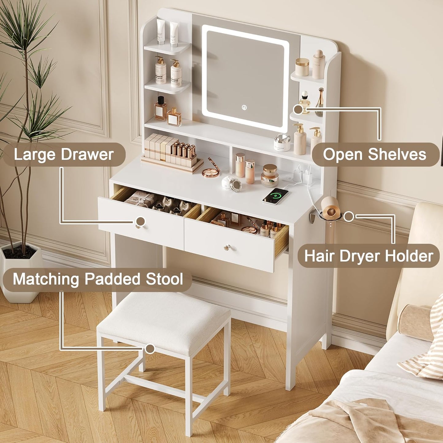 White Vanity with Lighted Mirror, 8 Shelves, 2 Drawers, Charging Station, Hair Dryer Holder & Stool, LED Mirror with 3 Light Modes