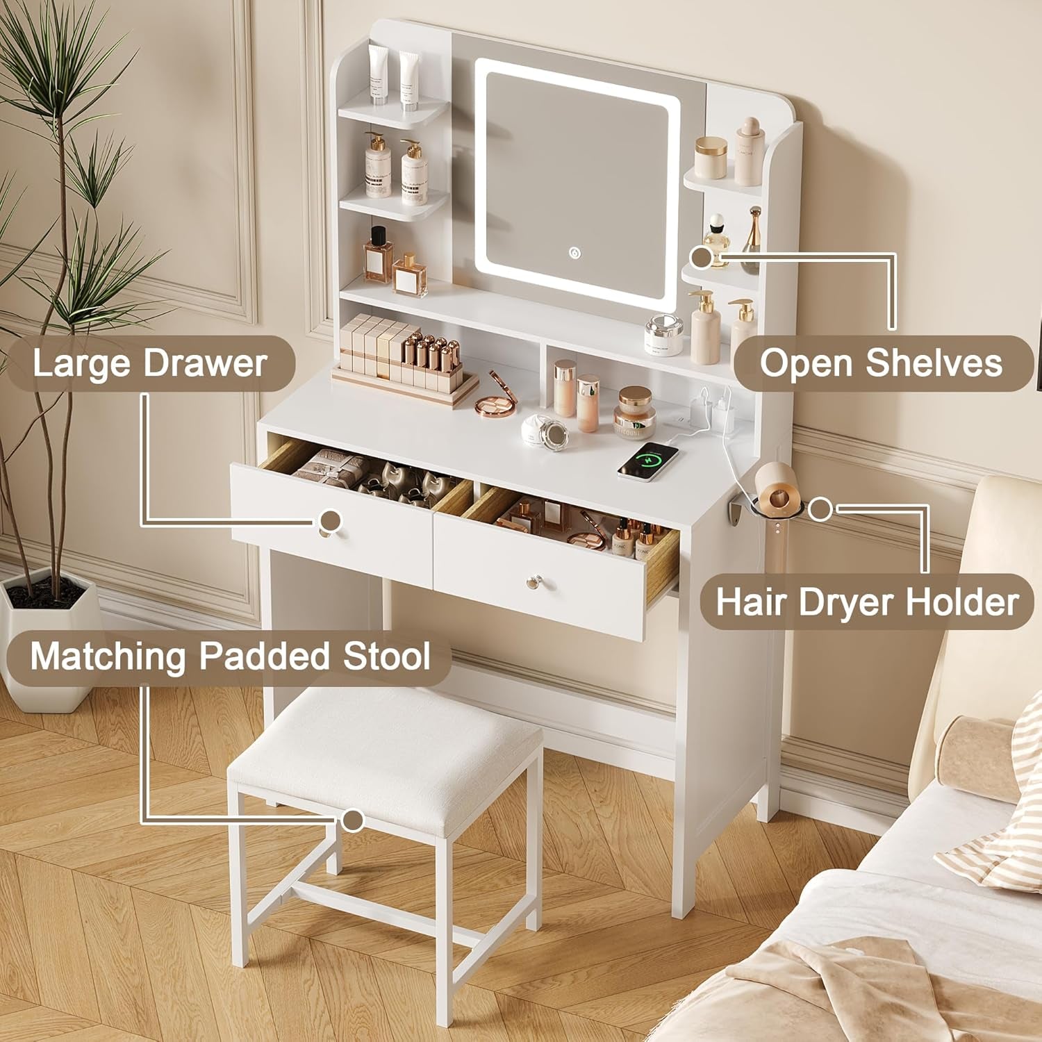 White Vanity with Lighted Mirror, 8 Shelves, 2 Drawers, Charging Station, Hair Dryer Holder & Stool, LED Mirror with 3 Light Modes