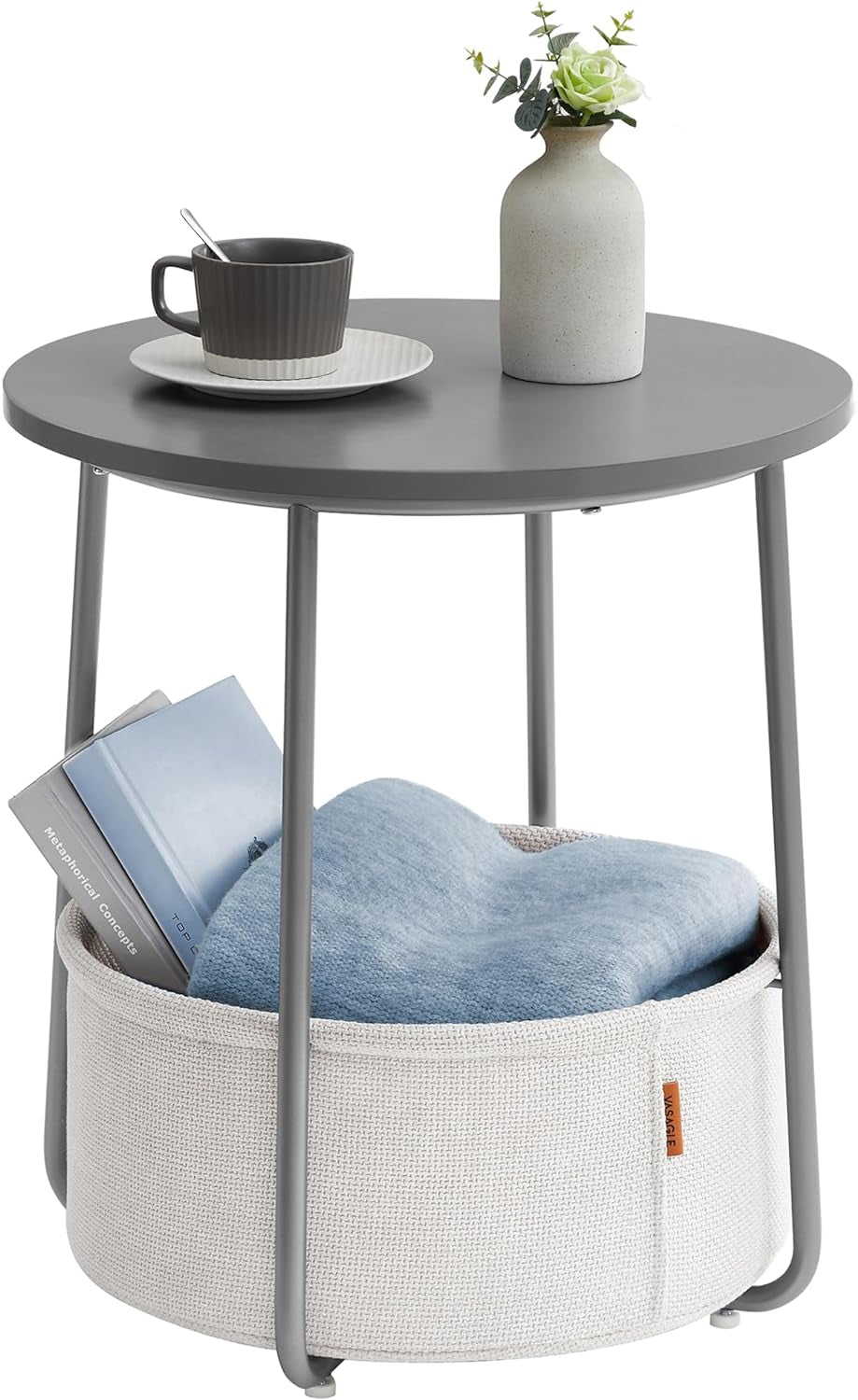 Small round Side End Table, Modern Nightstand with Fabric Basket, Cement Gray and Cream White ULET223G49