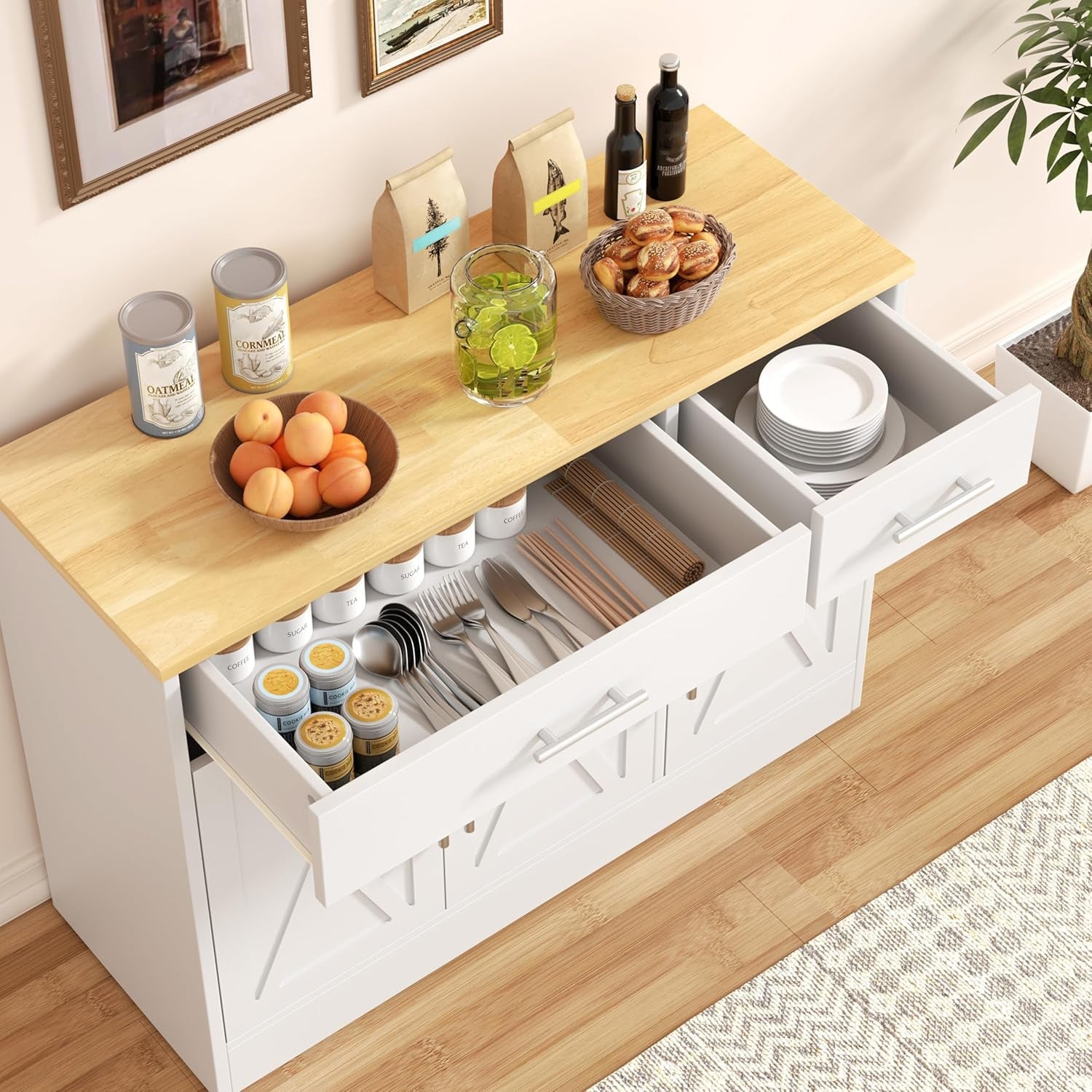 3 Doors Farmhouse Sideboard Buffet Cabinet,42" Barn Doors Buffet Cabinet with Storage,Wood Coffee Bar Cabinet with Adjustable Shelf for Kitchen,Living Room,White