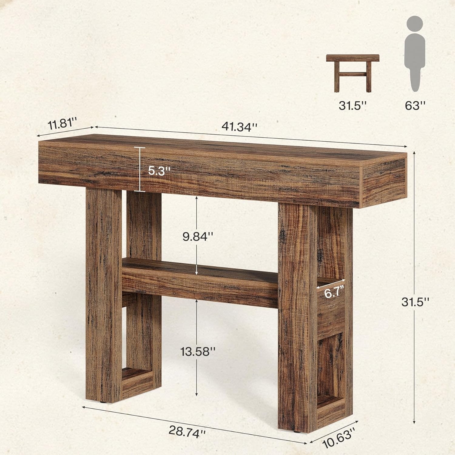 41.34-Inch Farmhouse Console Table, 2-Tier Narrow Sofa Table behind the Couch, Entryway Furniture with Storage Shelves for Hallway Foyer Living Room, Rustic Brown