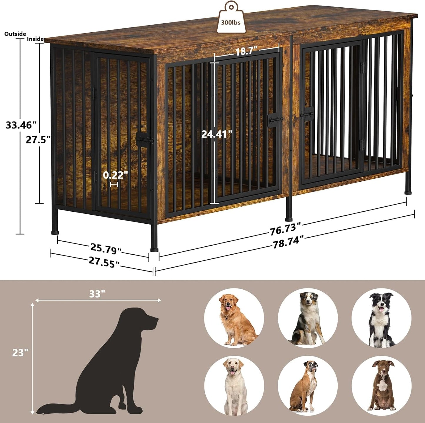 Dog Crate Furniture for 1 or 2 Dogs, Heavy Duty Single/Double Dog Crates for Small/Medium/Large Dogs, Dog Kennel Furniture Indoor as TV Stand, Large Size 78.74" L(35-60 Pounds), Brown
