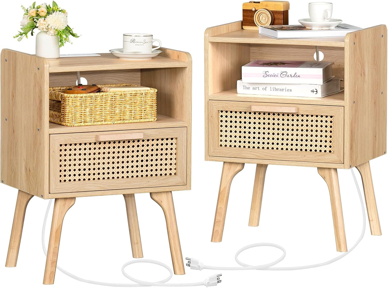 Rattan Nightstands Set of 2 with Charging Station, Boho Side Table with Drawer Open Shelf, Cane Accent Bedside End Table with Solid Wood Legs for Bedroom, Dorm and Small Spaces (Natural)
