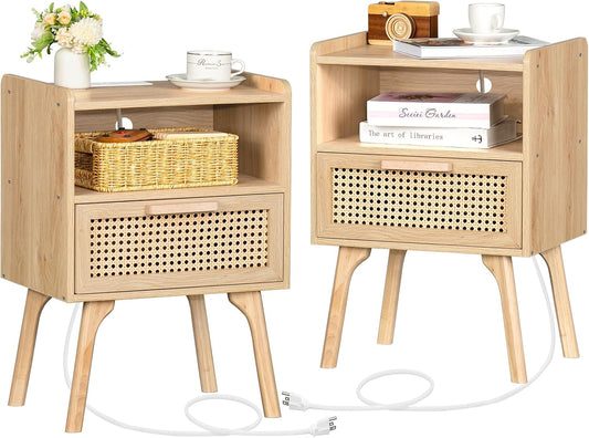 Rattan Nightstands Set of 2 with Charging Station, Boho Side Table with Drawer Open Shelf, Cane Accent Bedside End Table with Solid Wood Legs for Bedroom, Dorm and Small Spaces (Natural)