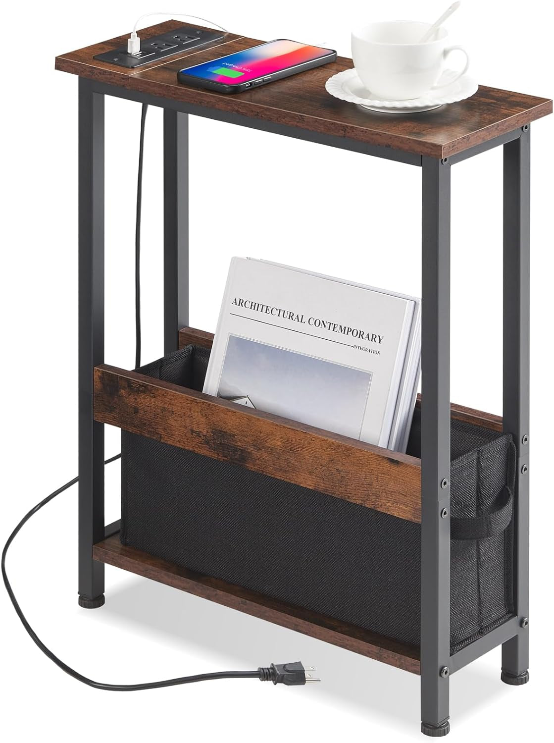 Slim Charging End Table with Storage - for Small Spaces and Bedroom