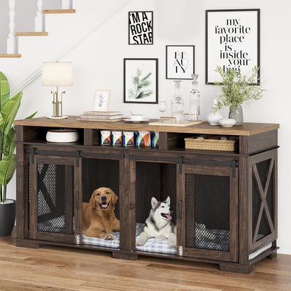 71" Extra Large Dog Crate Furniture, Heavy Duty Dog Kennel with Sliding Barn Door, 3 Storage Compartments & Removable Divider, TV Stand Side Table for Living Room, Dark Walnut/White