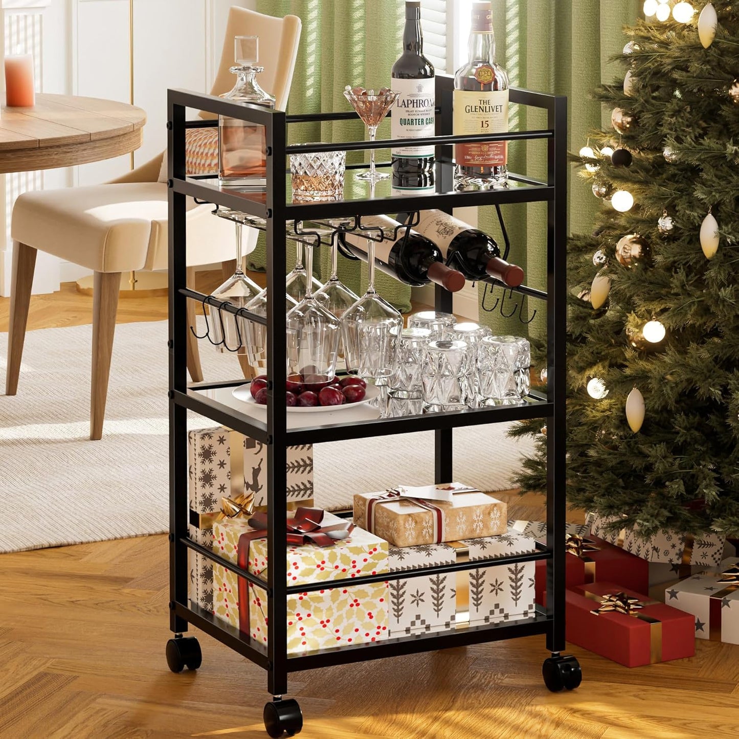 Bar Cart, Serving Cart for Home, Microwave Cart, Drink Cart, Mobile Kitchen Shelf with Wine Rack and Glass Holder, Rolling Beverage Cart for Dining Room, Black