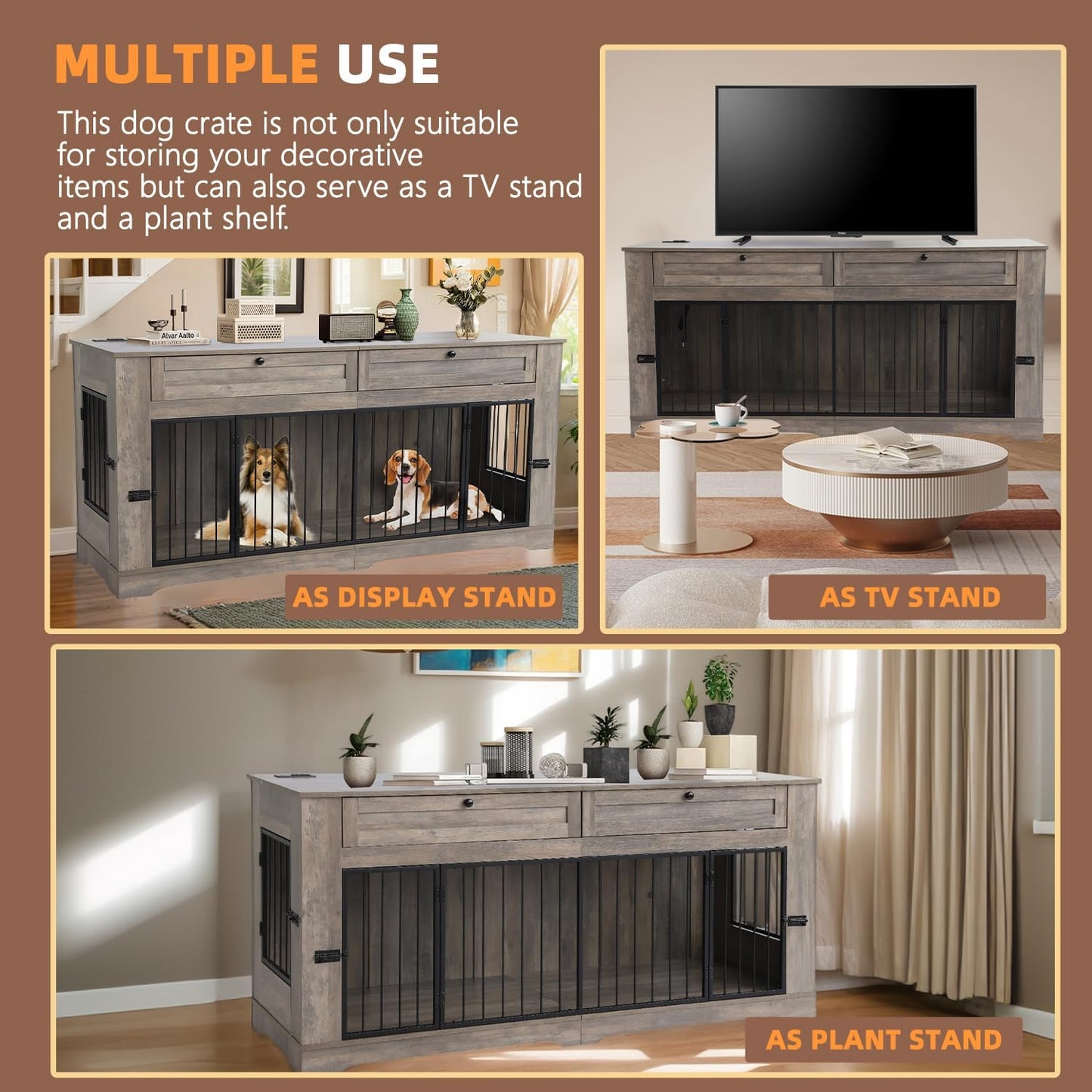 Dog Crate Furniture, Heavy Duty Dog Kennel Furniture for Medium Dogs, Wooden Double Dog Kennel Furniture with 2 Storage Drawers, Tv Stand Dog Cage with Power Outlet (Grey, 71”)