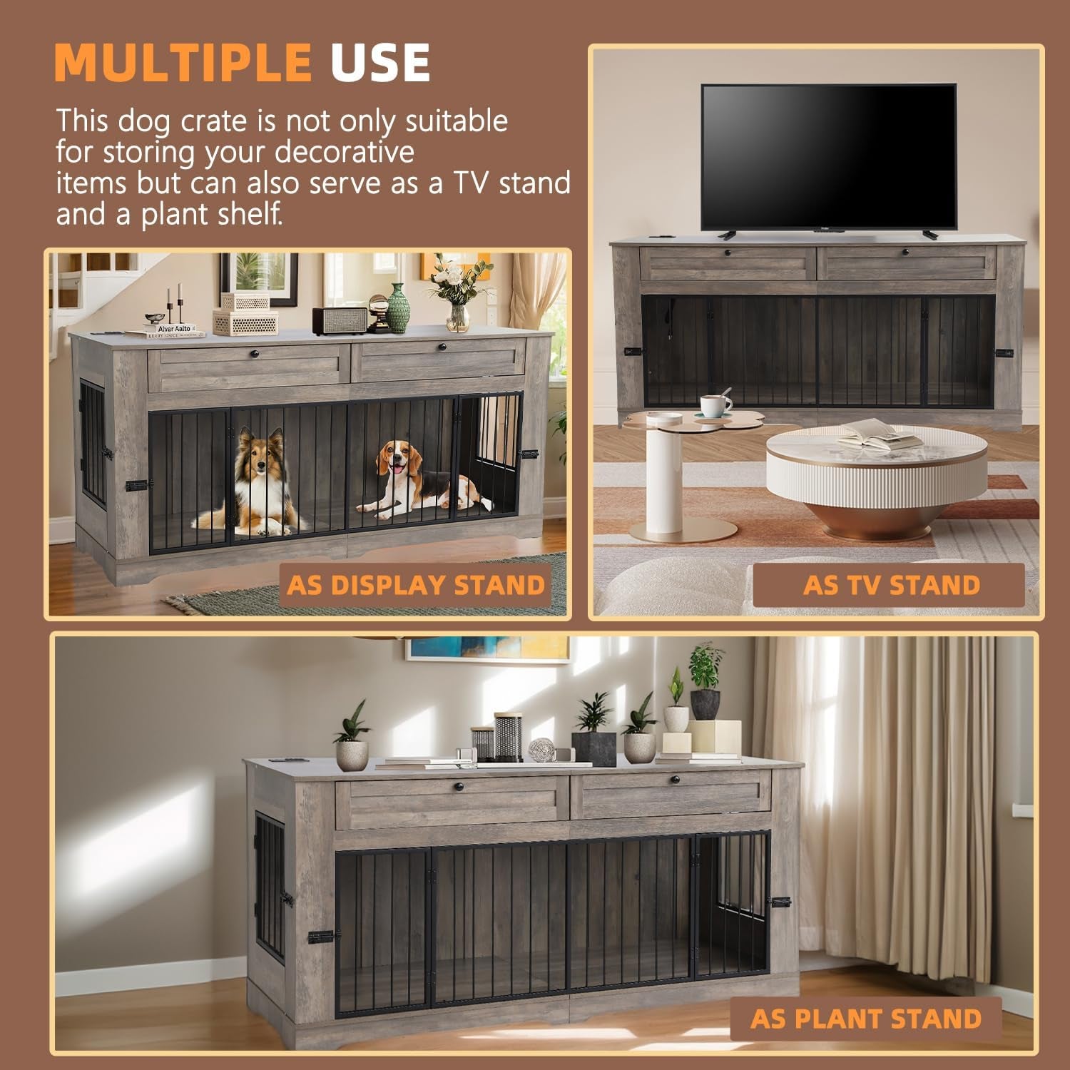 Dog Crate Furniture, Heavy Duty Dog Kennel Furniture for Medium Dogs, Wooden Double Dog Kennel Furniture with 2 Storage Drawers, Tv Stand Dog Cage with Power Outlet (White, 47“)