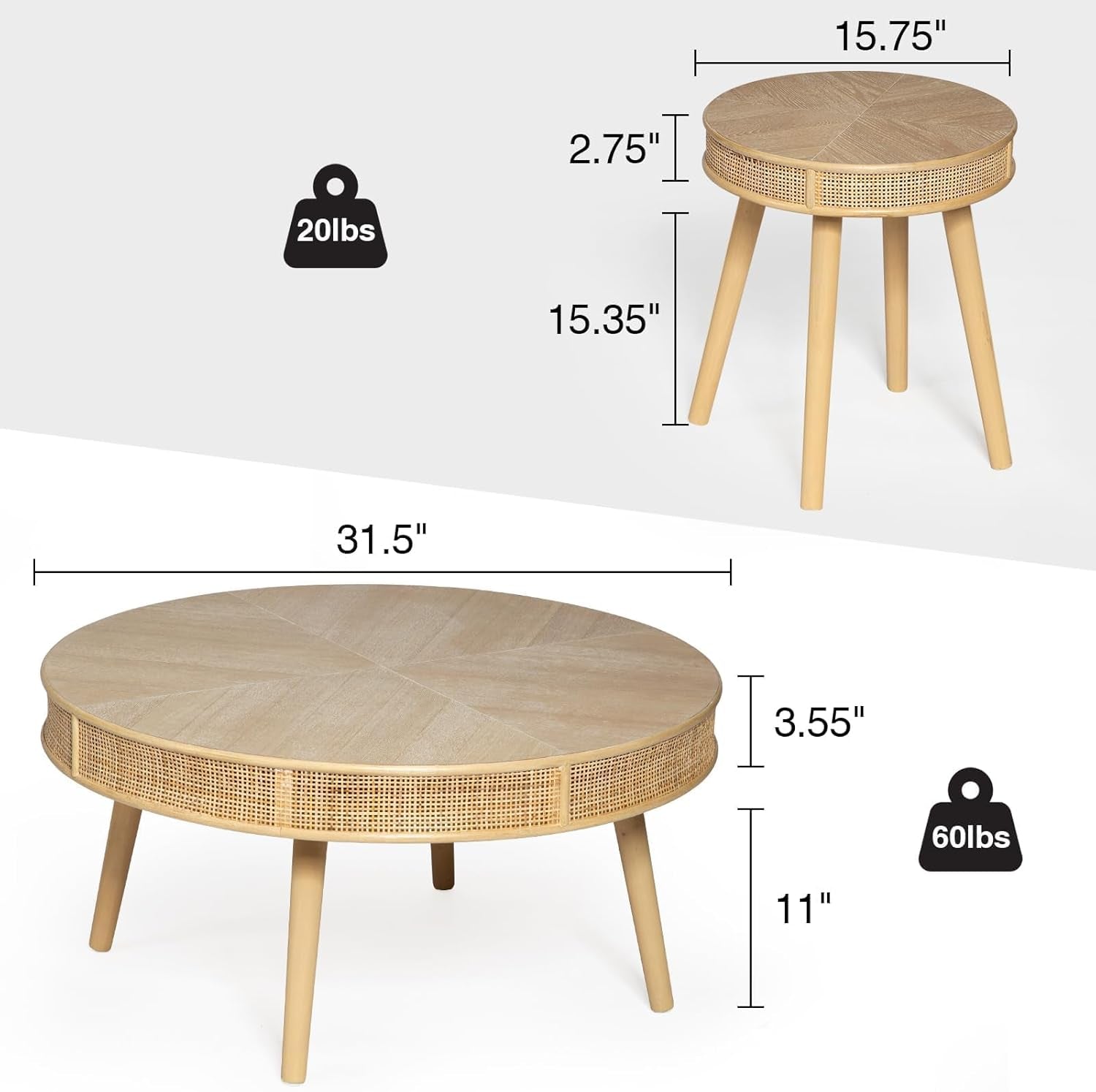 Farmhouse round Coffee Table, Rustic Sofa Side Tea Tables Nesting Center Table Set with Handmade Rattan for Living Room, French Country Decor, Natural, 2Pack