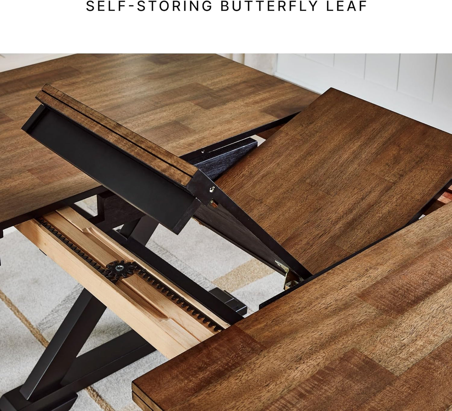 Wildenauer Farmhouse Dining Extension Table with Self-Storing Butterfly Leaf for 6-8 People, Black & Dark Brown