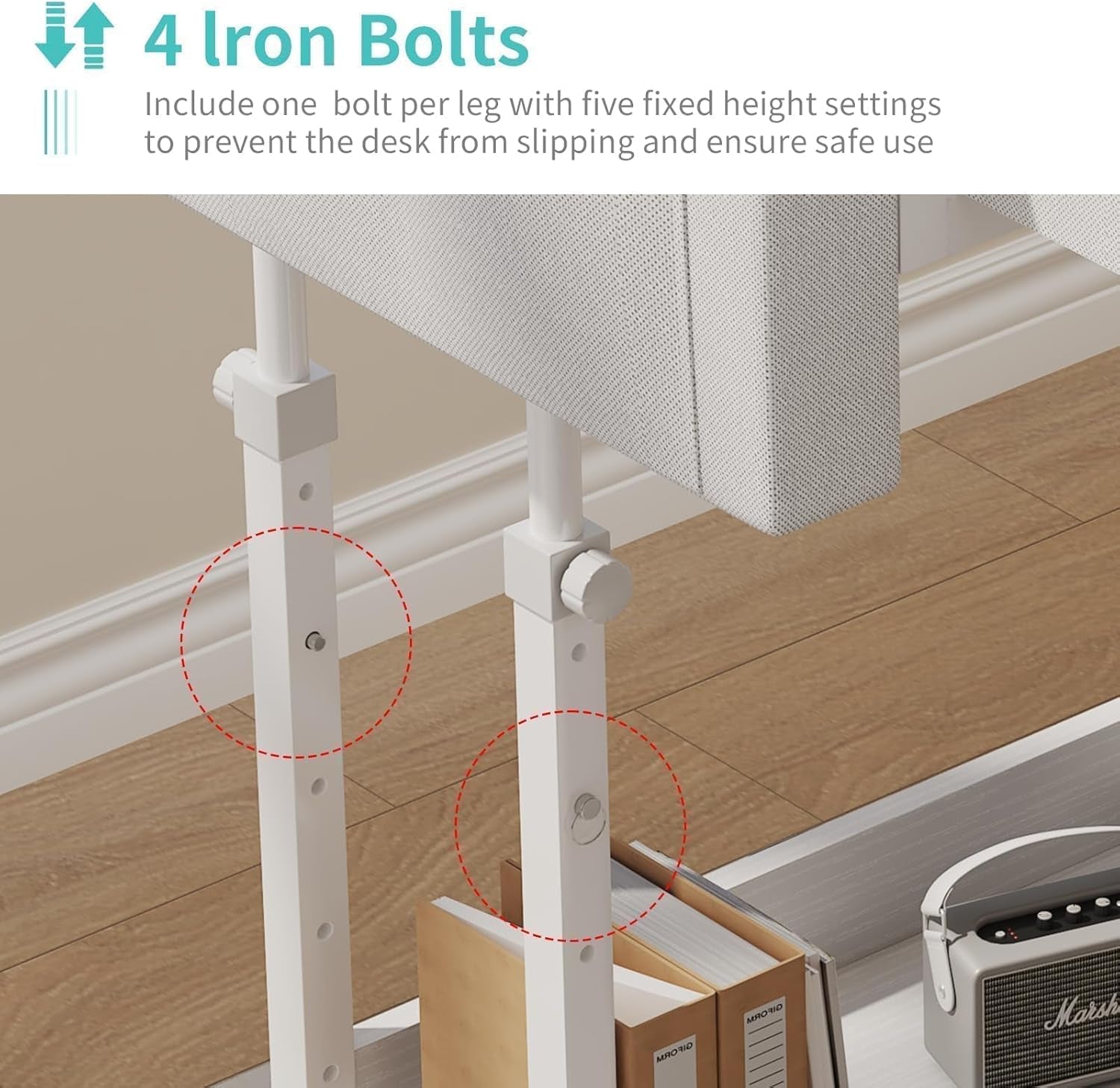 Small White Portable Adjustable Rolling Kids Desk with Drawers & Storage Shelf, 32 Inch Mobile Standing Vanity Desks with Wheels, Couch Sofa Side Laptop Craft Table for Bedroom Home Office