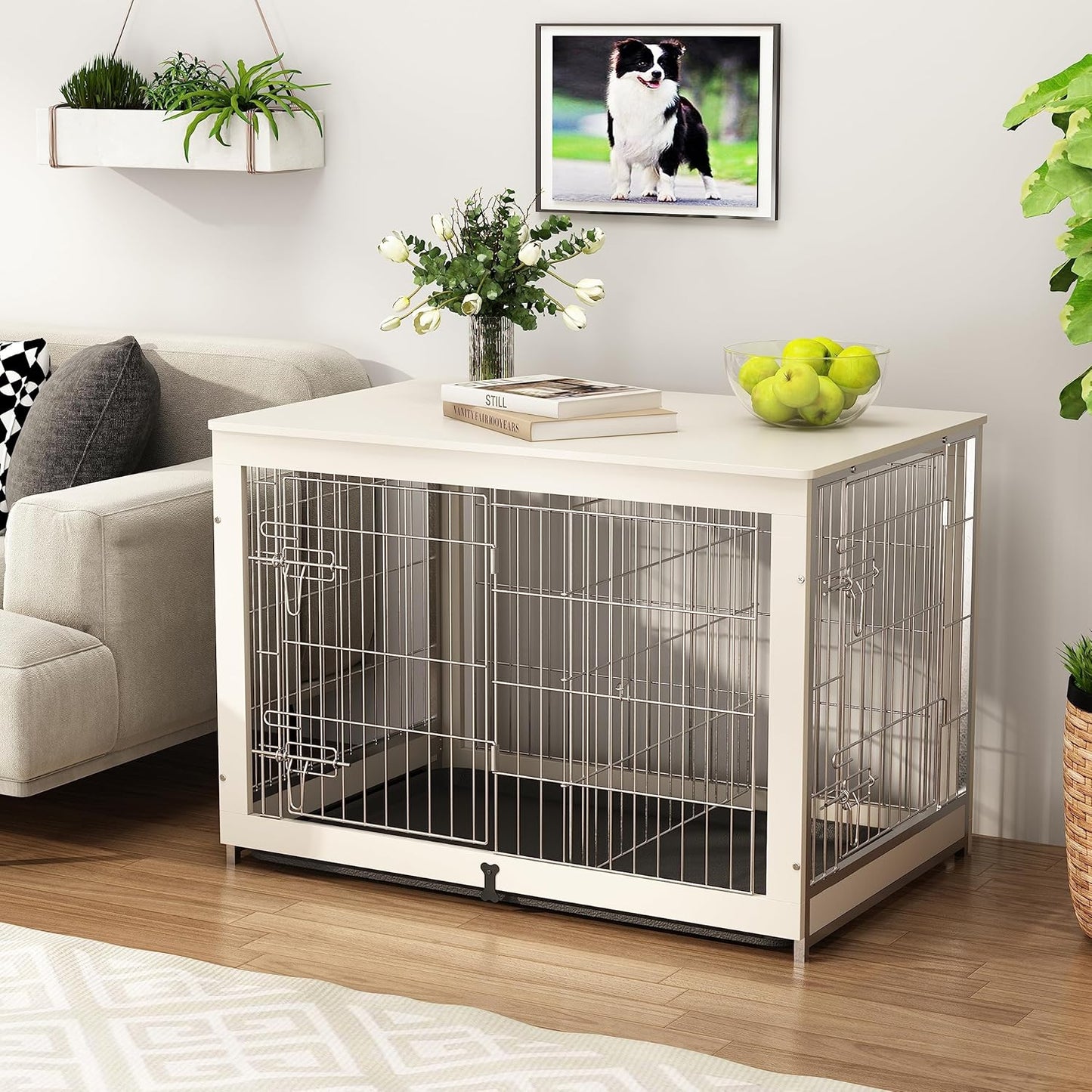 Wooden Dog Crate Furniture with Divider Panel, Dog Crate End Table with Fixable Slide Tray, Double Doors Dog Kennel Indoor for Dogs(M:31.8" L*22.1" W*26.3" H,White)