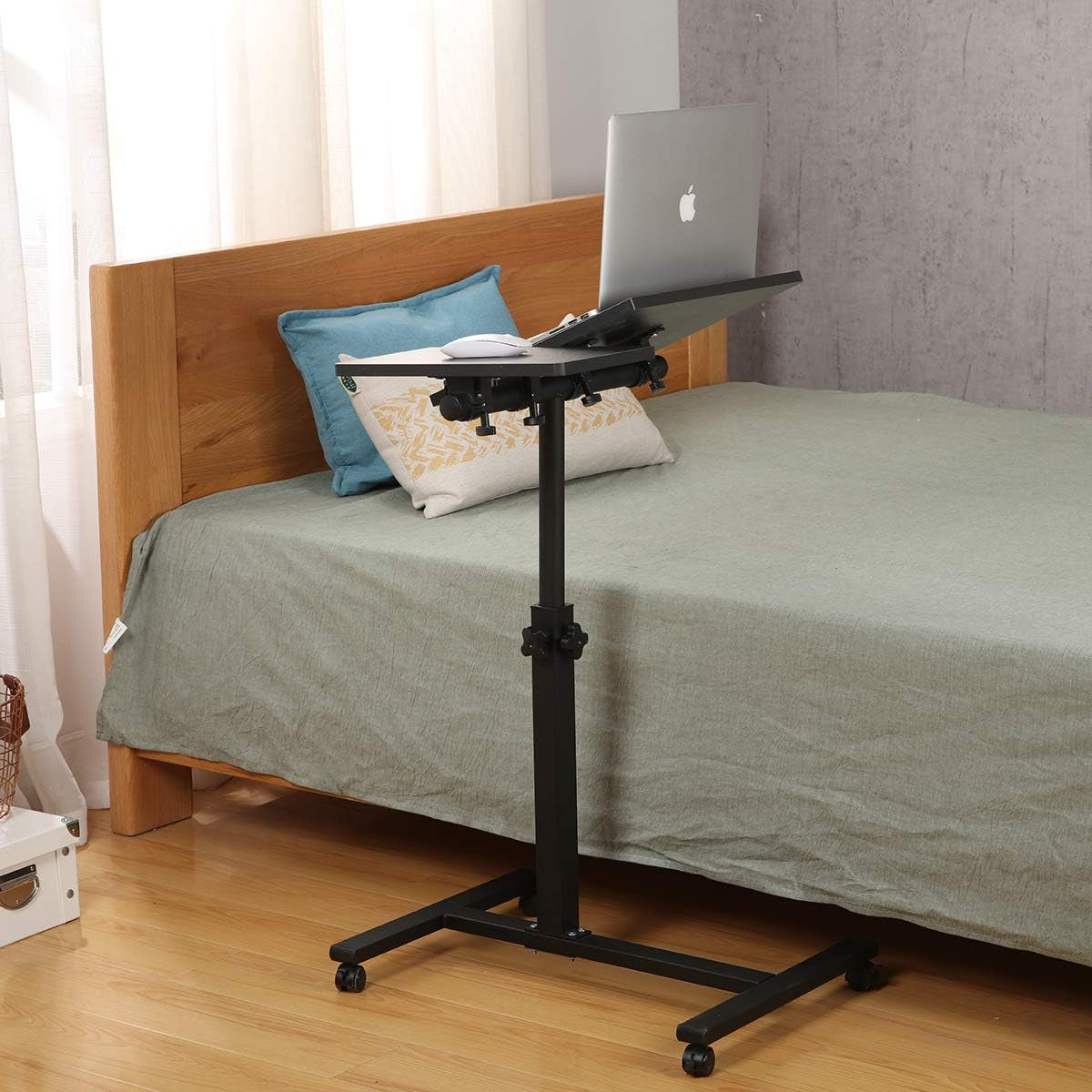 Overbed Bedside Desk Mobile Rolling Laptop Stand Tilting Overbed Table with Wheels Height Adjustable Tray Table for Laptop Bed Sofa Side Table (Black)