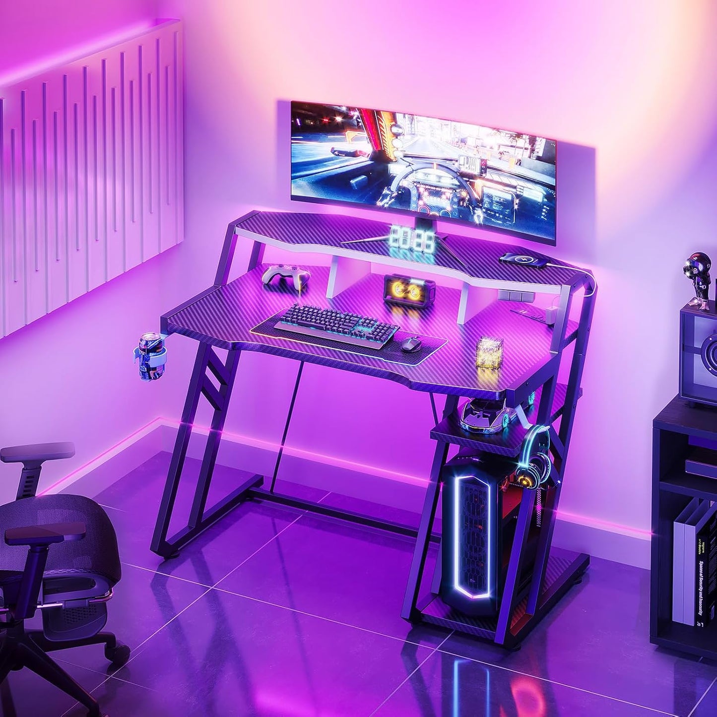 Gaming Desk with Power Outlet & LED Lights, Computer Desk 40 Inch with PC Storage Shelf, Gaming Table with Carbon Fiber Texture, Gamer Desk, Gift for Boys Men, Black