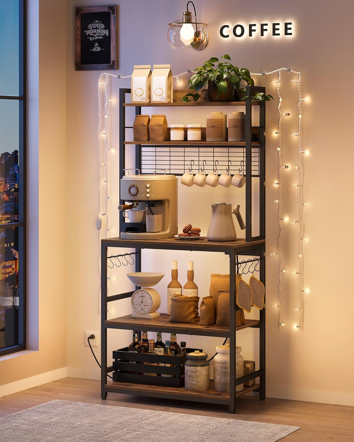 Hutch Bakers Rack with Power Outlet, 14 Hooks Microwave Stand, Adjustable Coffee Bar with Metal Wire Panel, Kitchen Storage Shelf, 15.7 X 23.6 X 66.9 Inches, Rustic Walnut and White UKKS037W41
