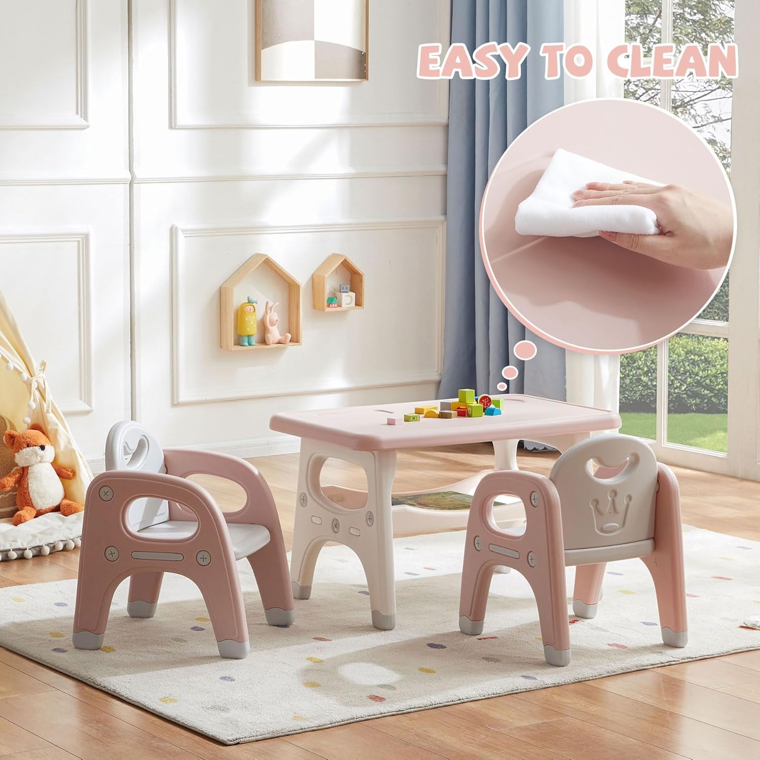 Kids Table and 2 Chairs Set, Large Built-In Storage, Montessori Toddlers Table and Chairs Set, Kids Activity Table for Drawing Dining Playing, CPSC & ASTM Approved, Pink
