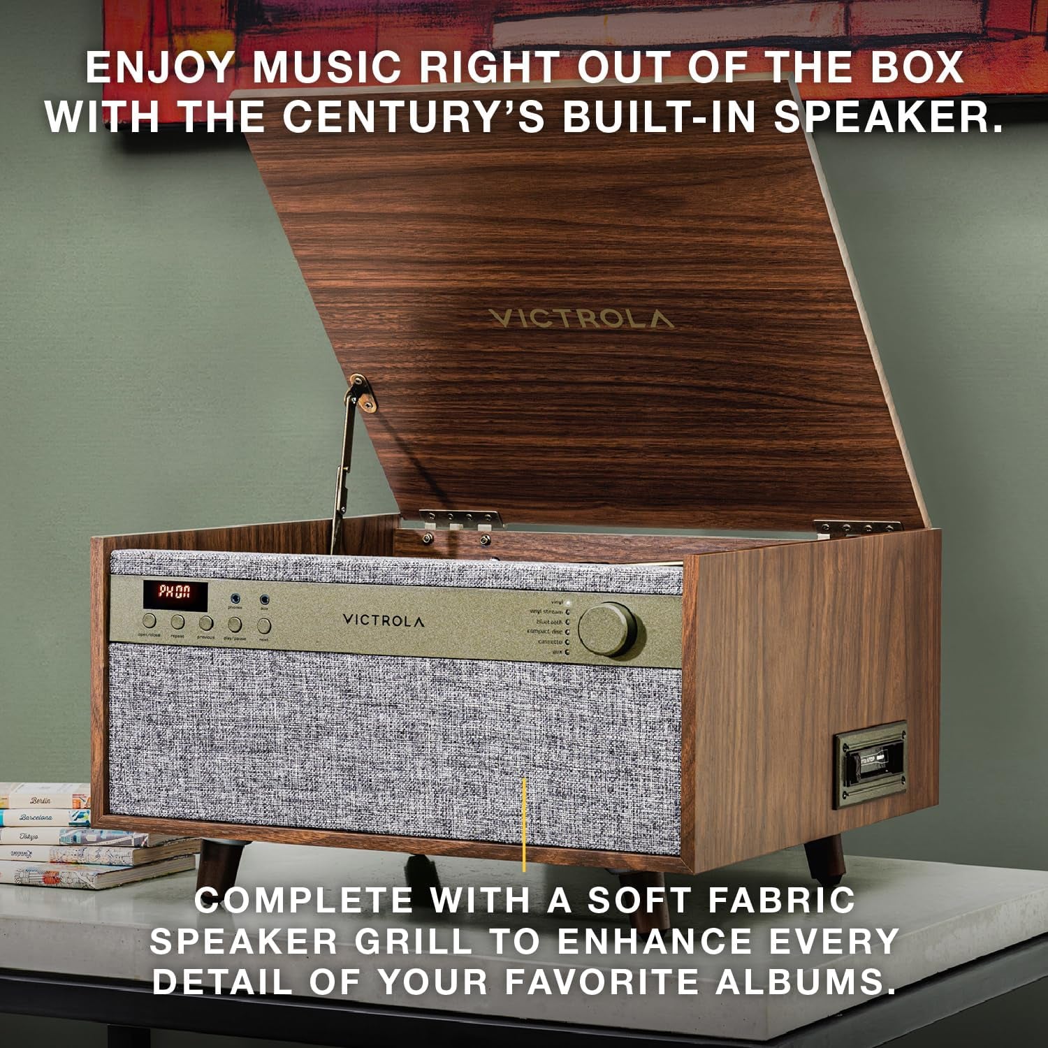 Century 6-In-1 Vinyl Record Player & Music Center – 3-Speed Turntable, CD & Cassette Player, VINYLSTREAM, Bluetooth & 3.5Mm Aux, Record Player with Speakers, Mid Century Design (Walnut)