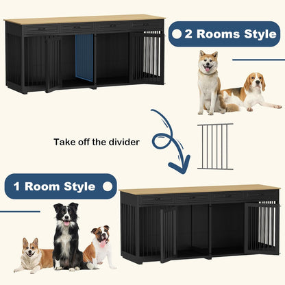 Large Dog Crate Furniture, 86.6 Inch Wooden Dog Kennel with Drawers & Divider, Heavy Duty Indoor Furniture Style Dog House with Double Rooms for Large Medium Small Dogs, White