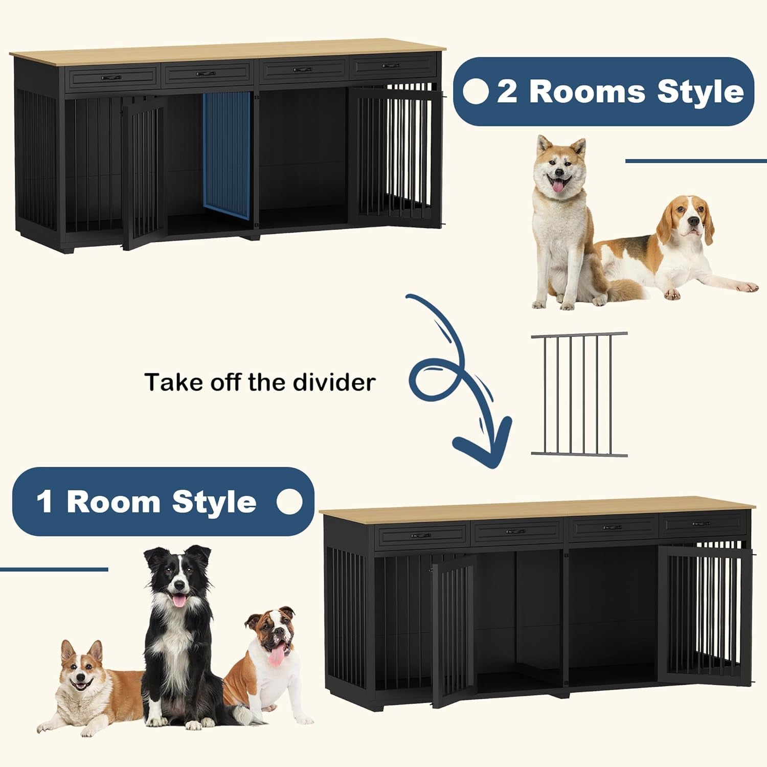 Dog Crate Furniture, 72 Inch Heavy Duty Wooden Large Dog Kennel with Drawers & Divider, Indoor Furniture Style Dog Crate with Double Rooms for Large Medium Small Dogs, Black