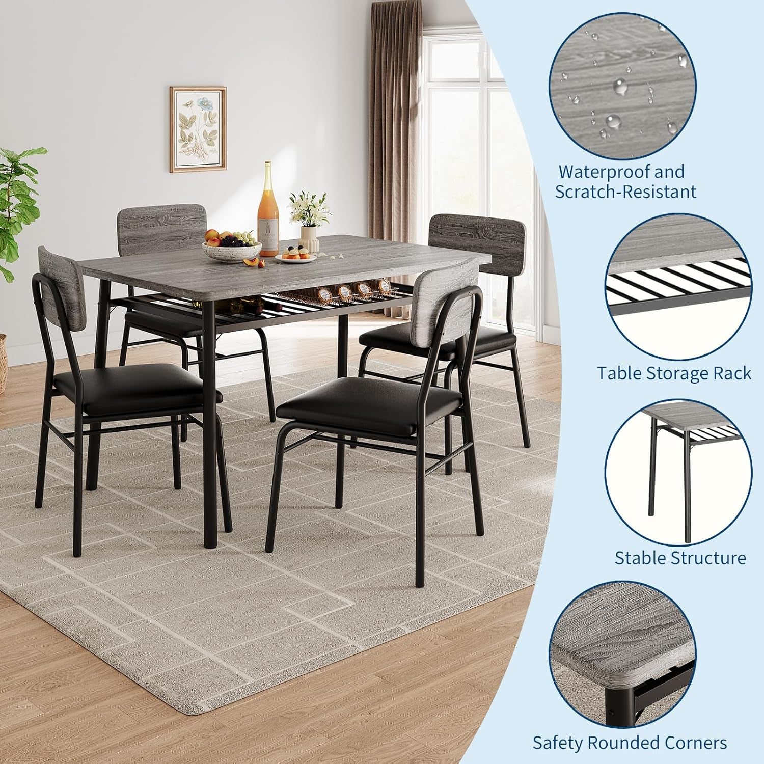 Dining Table Set for 4 with Storage Rack, 5-Piece Kitchen Table and Upholstered Chairs of 4, Wood Tabletop & Heavy-Duty Metel Frame, Dining Room Set for Small Space, Apartment, Gray