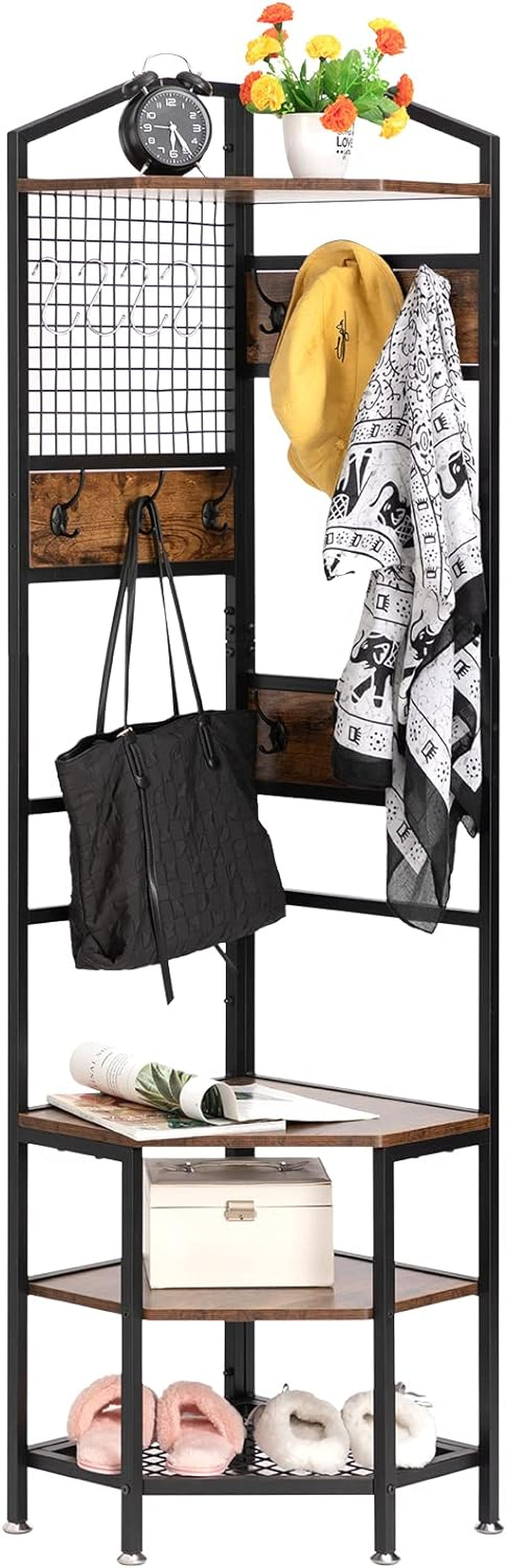 4-Tier Corner Industrial Hall Tree, Freestanding Entryway Coat Storage Rack with Hooks and Wooden Storage Shelves, Black