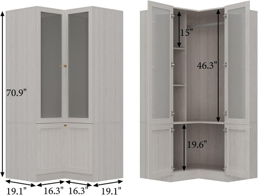 Corner Wardrobe Closet with 2 Glass Doors, Armoire Wardrobe Closet with Hanging Rod, for Bedroom Wood Grain (16.3+19.1”W X 19.1+16.3”D X 70.9”H)
