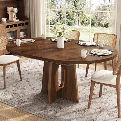 59-Inch Extendable round Dining Table for Dining Room, 4-6 People Farmhouse Oval Wood Expandable Kitchen Dinner Table with Heavy Cross Pedestal for Living Room, Apartment, Dark Brown Walnut