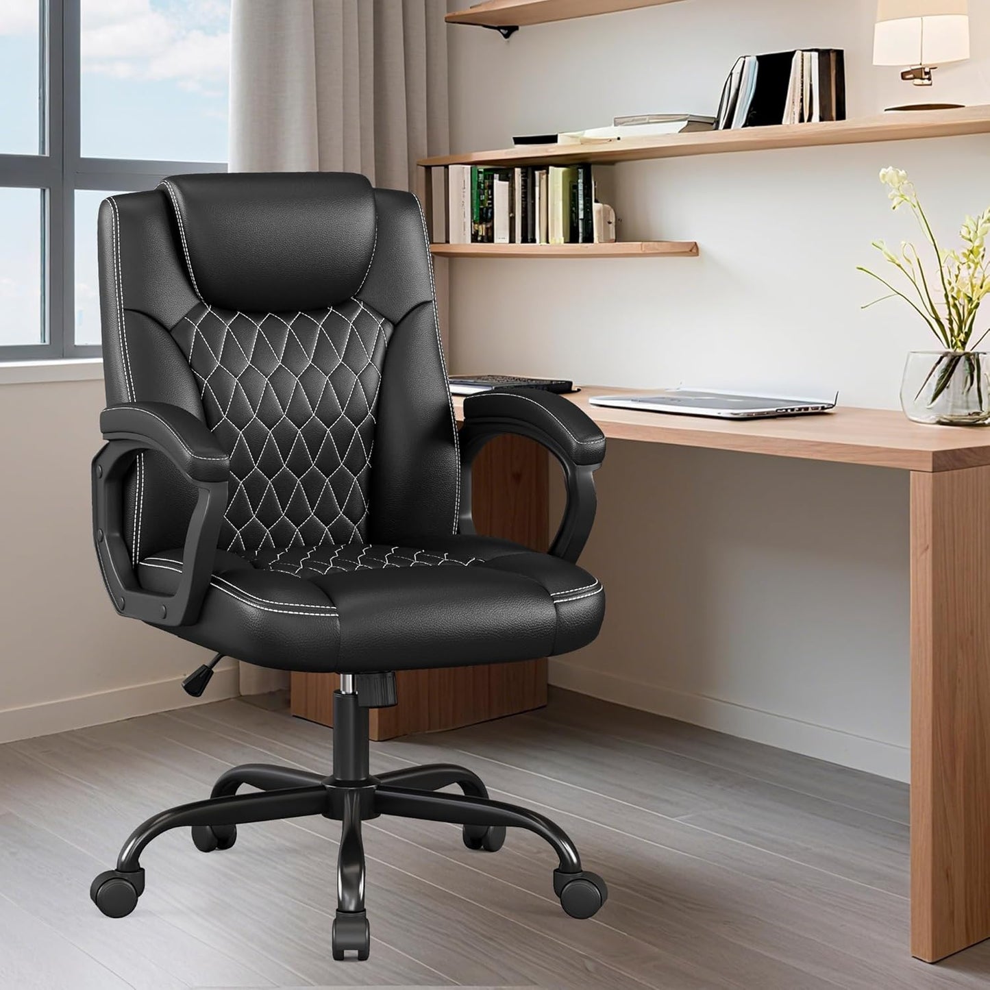 Office Chair, Executive Desk Chair, PU Leather Comfortable Executive Chairs with Fixed Armrest, Adjustable Height, Rocking Function, 360° Swivel Wheels, Black