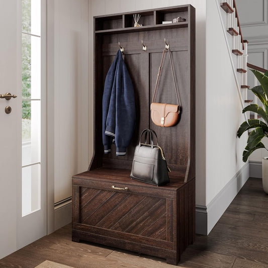 Entryway Hall Tree, Coat Rack, Storage Bench, 3-In-1 Design, Freestanding Shoe Rack - Hilo (Espresso)