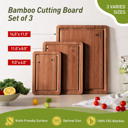 3 Packs Bamboo Cutting Board Set with Non Slip Feet and over Sink Nice Solid Thick Wood Juice Groove Chopping Board Extra Large Big Small Best Hardwood Kitchen Counter Organic Vegetable