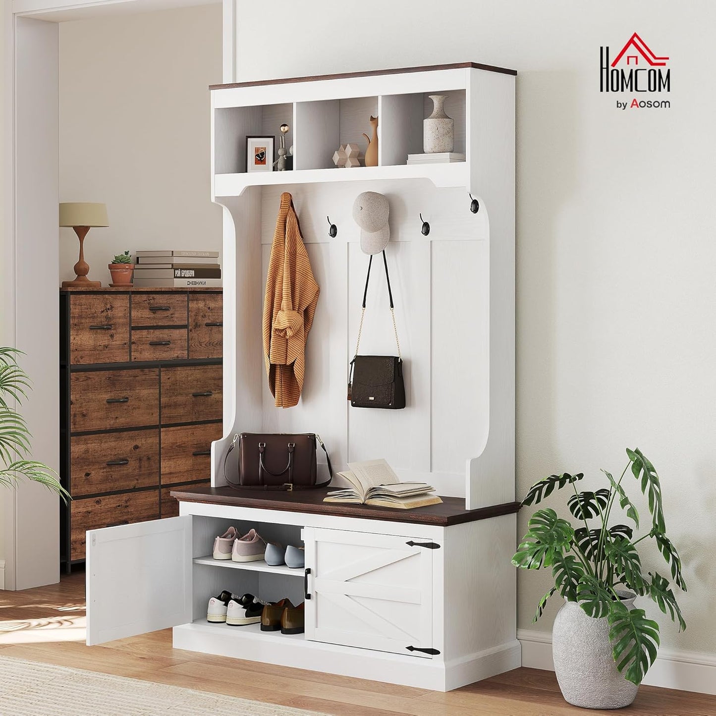 3-In-1 Hall Tree with Shoe Storage, Standing Coat Rack with Shoe Bench, Entryway Furniture with Five Hooks, White Wood Grain