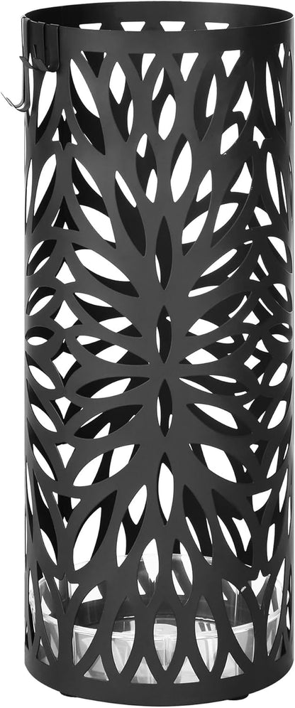 Umbrella Stand, Umbrella Holder for Entryway, Steel round Umbrella Rack Freestanding, for Canes Walking Sticks, with a Detachable Drip Tray, 2 Long and 2 Short Hooks, Matte Black ULUC022B01